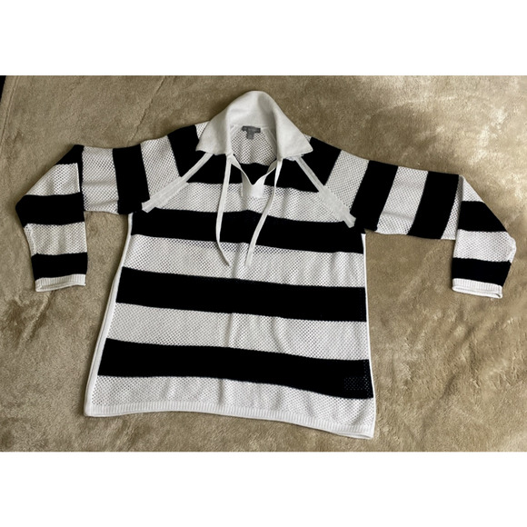 T By Talbots Open Knit Lg Sleeve Top Womens Sz MP Blk/White Cotton Blend Collar - Picture 6 of 8